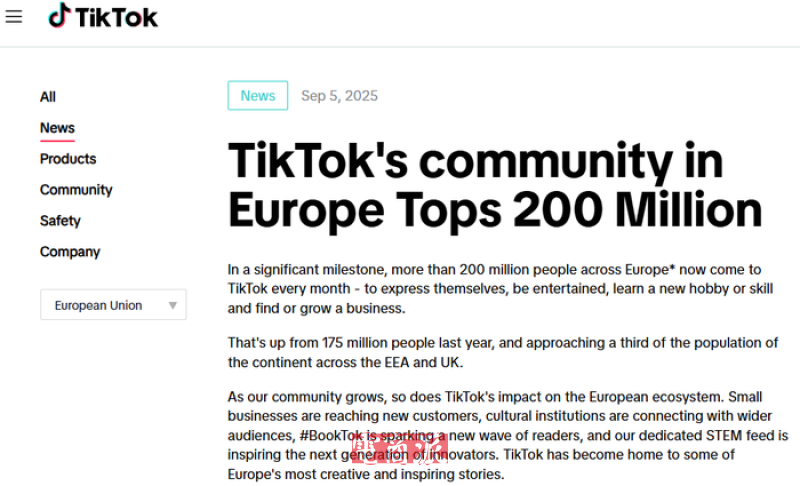TikTok欧洲月活用户破2亿 覆盖约13人口