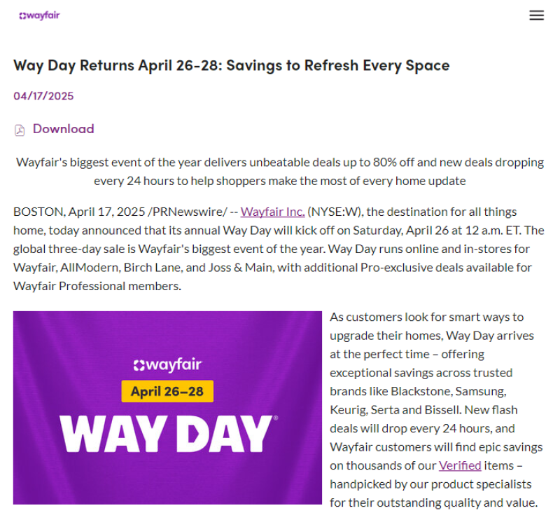 Wayfair年度大促Way Day将于4月26日正式开启